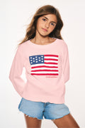 Girls pink knit pullover with American flag heart graphic