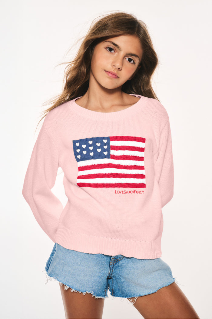 Girls pink knit pullover with American flag heart graphic