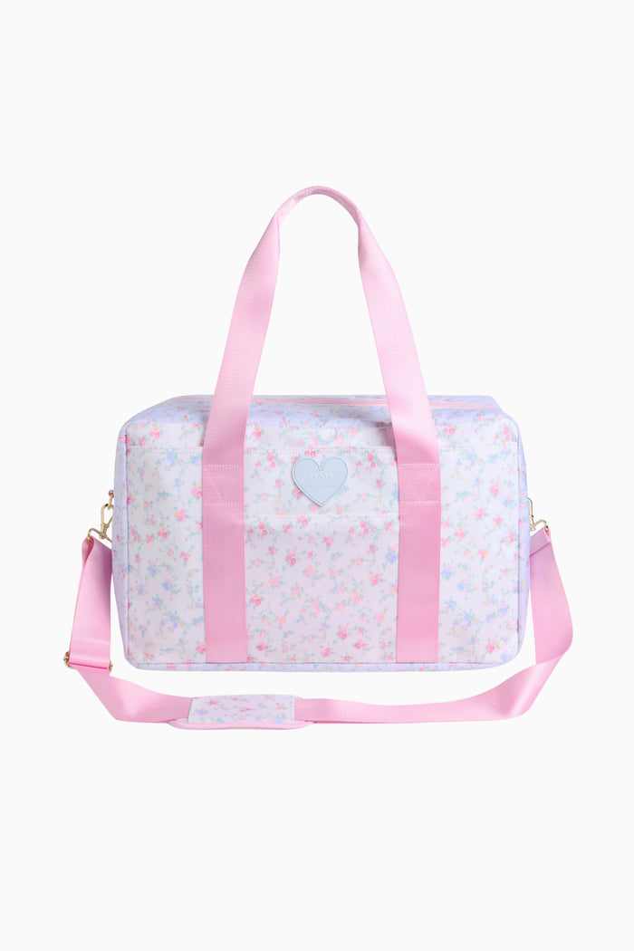 Floral duffel weekender bag with pink handles, heart logo patch, shoulder strap - Customized
