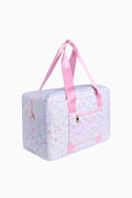 Floral duffel weekender bag with pink handles, zipper top, heart logo patch
