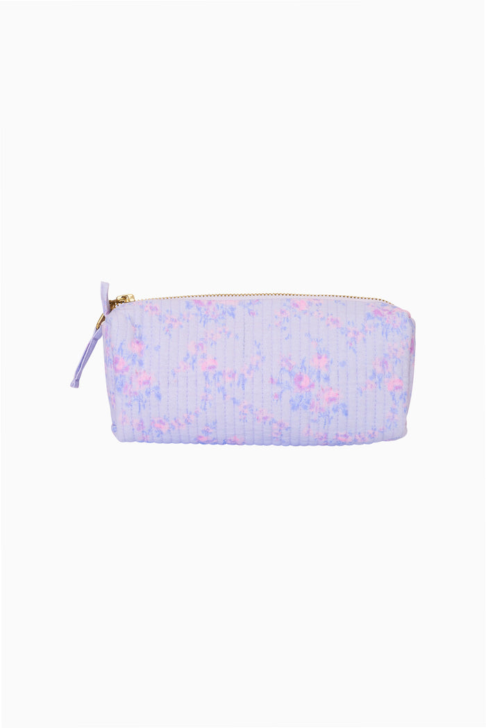 Quilted cotton pencil case, light blue with zipper closure and drawcord pull