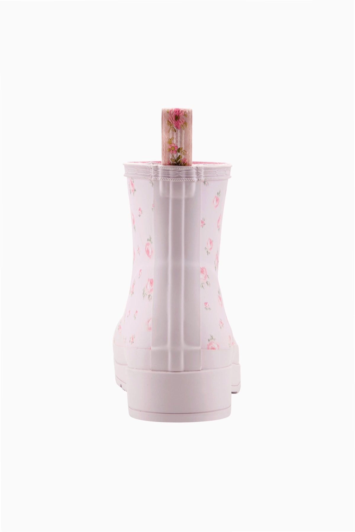 Hunter x LoveShackFancy play short rain boots, lilac pink floral print, back view