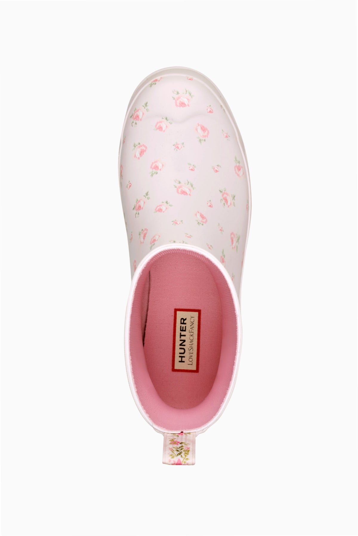 Women’s rain boots in light purple with pink floral print, open-top interior view
