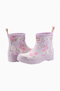 Hunter x LoveShackFancy play short rain boots, lilac pink floral, side view