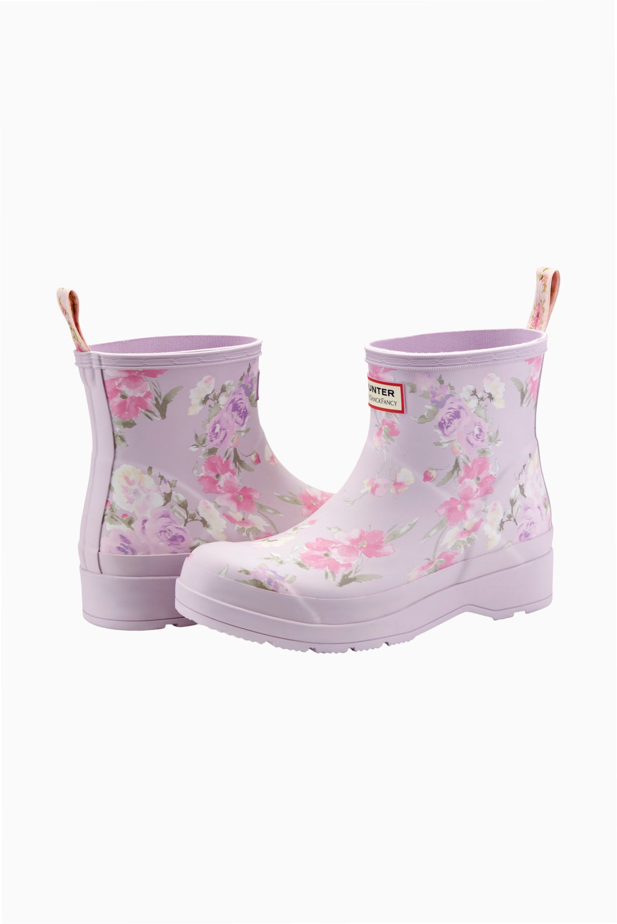 Hunter x LoveShackFancy play short rain boots, lilac pink floral, side view