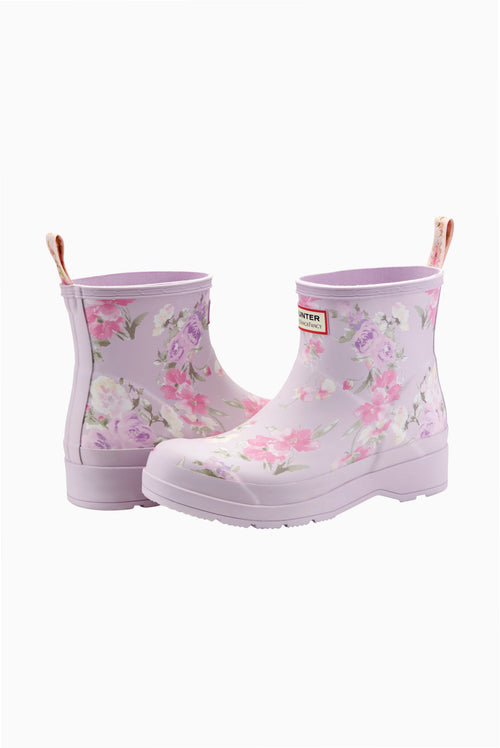 Hunter x LoveShackFancy play short rain boots, lilac pink floral, side view
