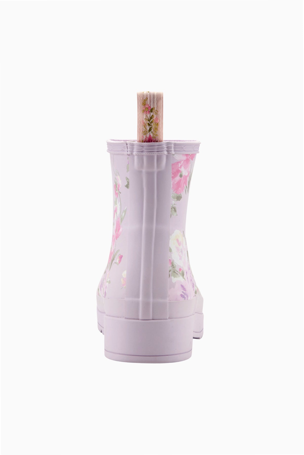 Women’s short rain boots in light purple with pink floral print, side view