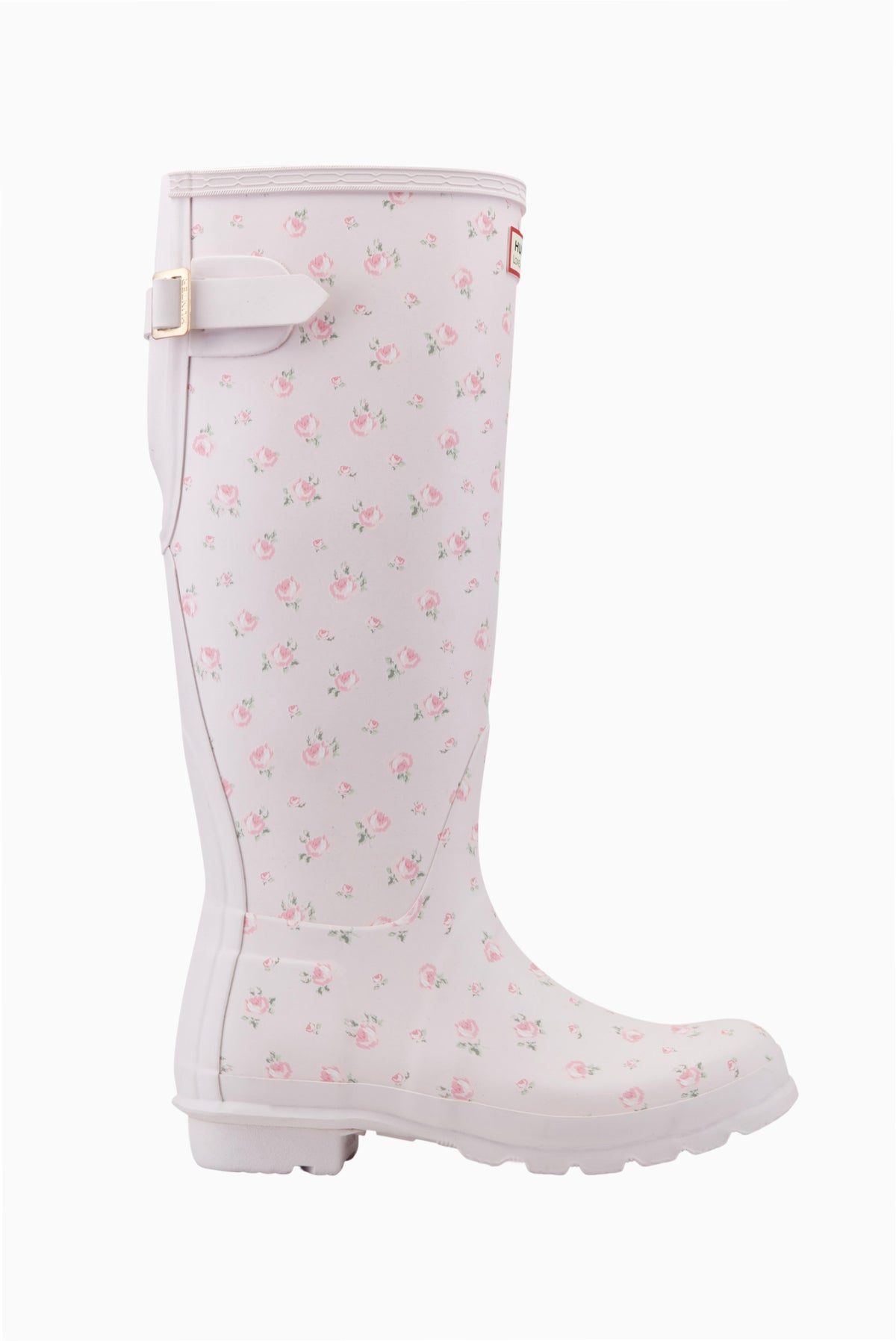 White tall rain boots with pink floral print and adjustable side buckle strap