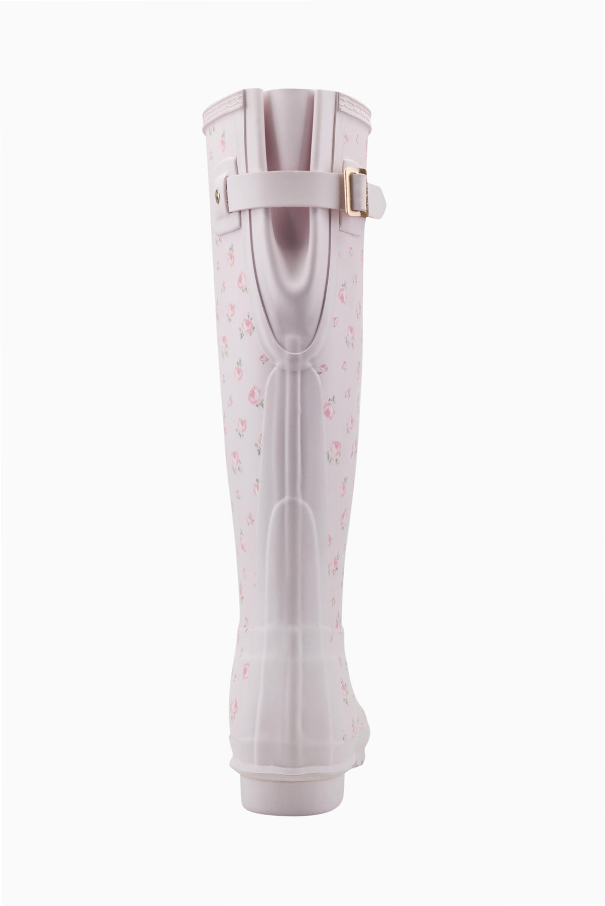 Hunter x LoveShackFancy tall rain boot, light pink with small floral print and buckle strap