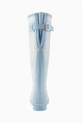 Hunter x LoveShackFancy tall rain boot, back view in light blue with buckle strap