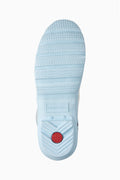 Hunter x LoveShackFancy tall rain boot outsole, light blue tread with red logo panel