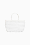Mini woven tote bag in white with braided top handle and open top