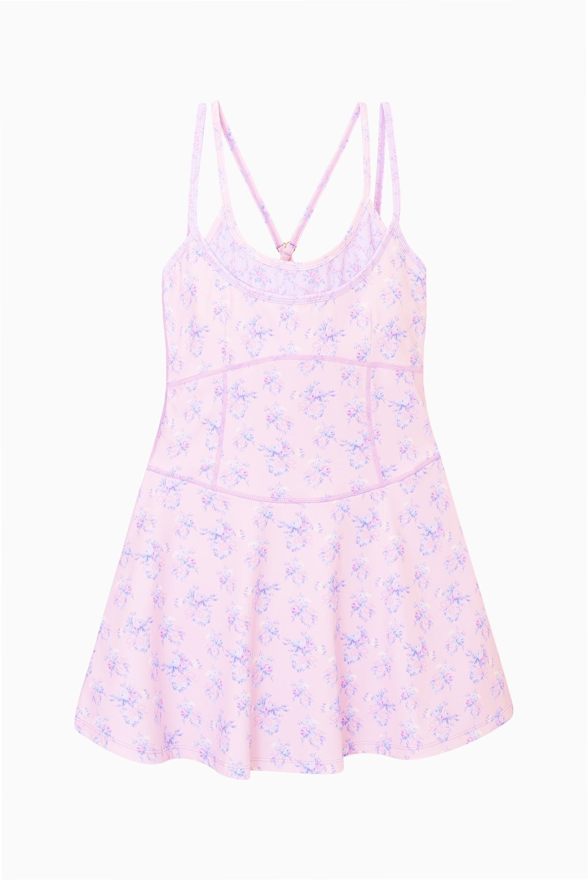 Light pink floral skater dress with thin spaghetti straps and flared skirt (flat lay).