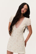 Floral mini dress with lace-trim V-neck and puff sleeves, light cream with tiny flowers