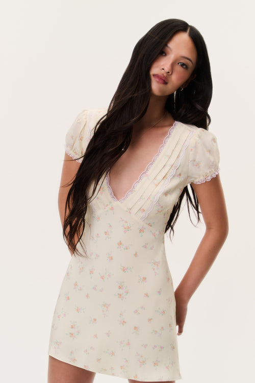 Floral mini dress with lace-trim V-neck and puff sleeves, light cream with tiny flowers