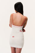 Back view crochet mini dress with red cherry embroidery and spaghetti straps