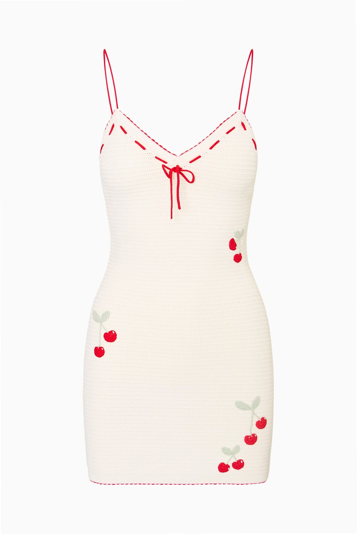 Crochet mini dress with spaghetti straps, red cherry embroidery, and tie-front