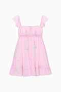 Floral chiffon mini dress in pink with ruched bodice and tiered ruffle hem