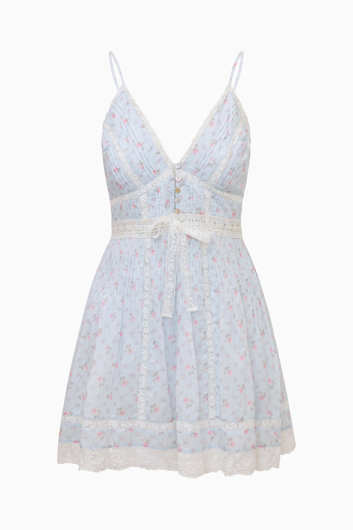 Floral cotton mini dress with lace-trim straps and tiered skirt, button front