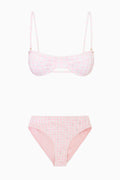 Pink gingham eyelet bikini top and high-rise bottom set, laid flat