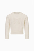 Ivory crewneck pullover sweater with lace bow applique and long sleeves