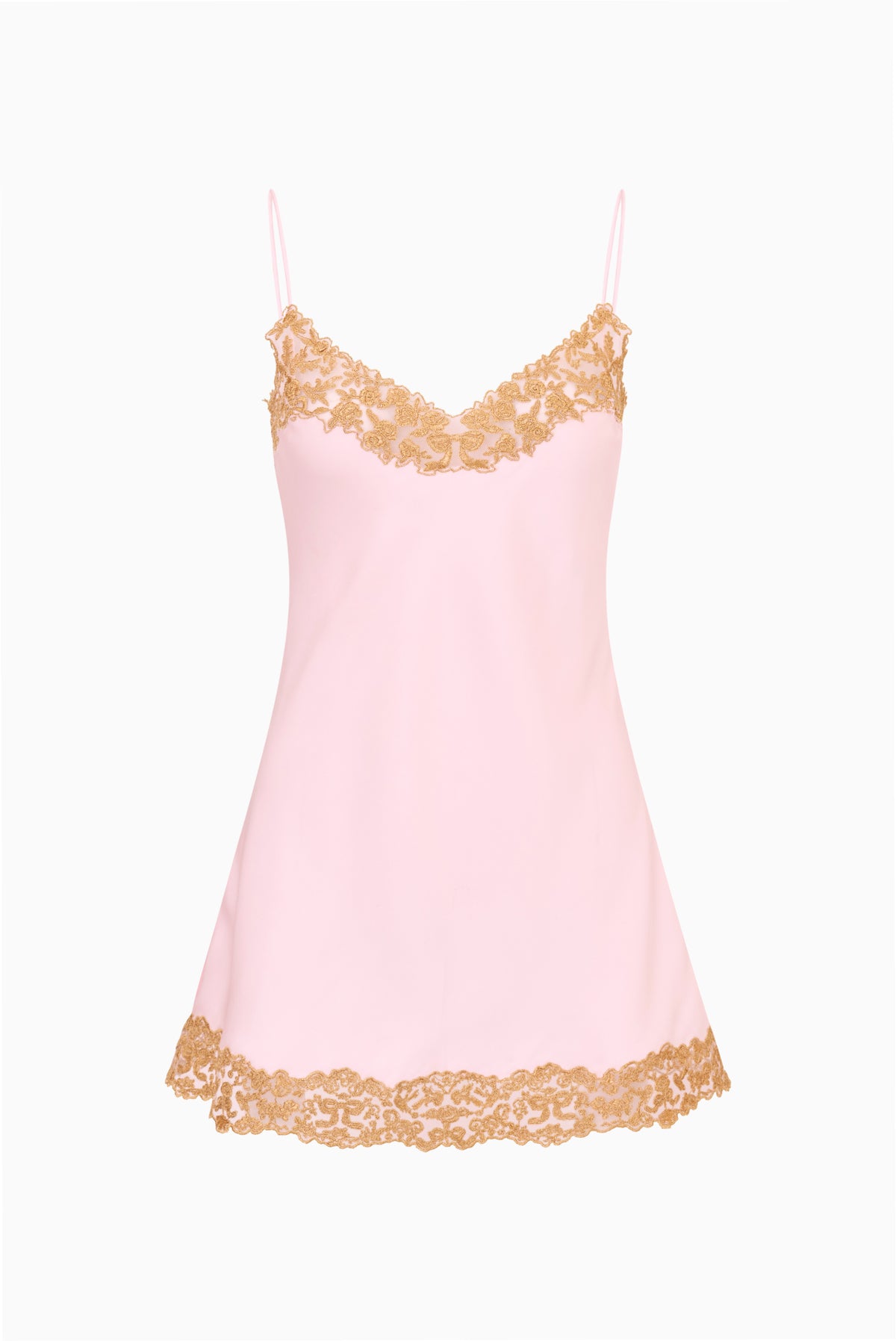 Light pink lace slip dress with V-neck, spaghetti straps, and scalloped hem trim