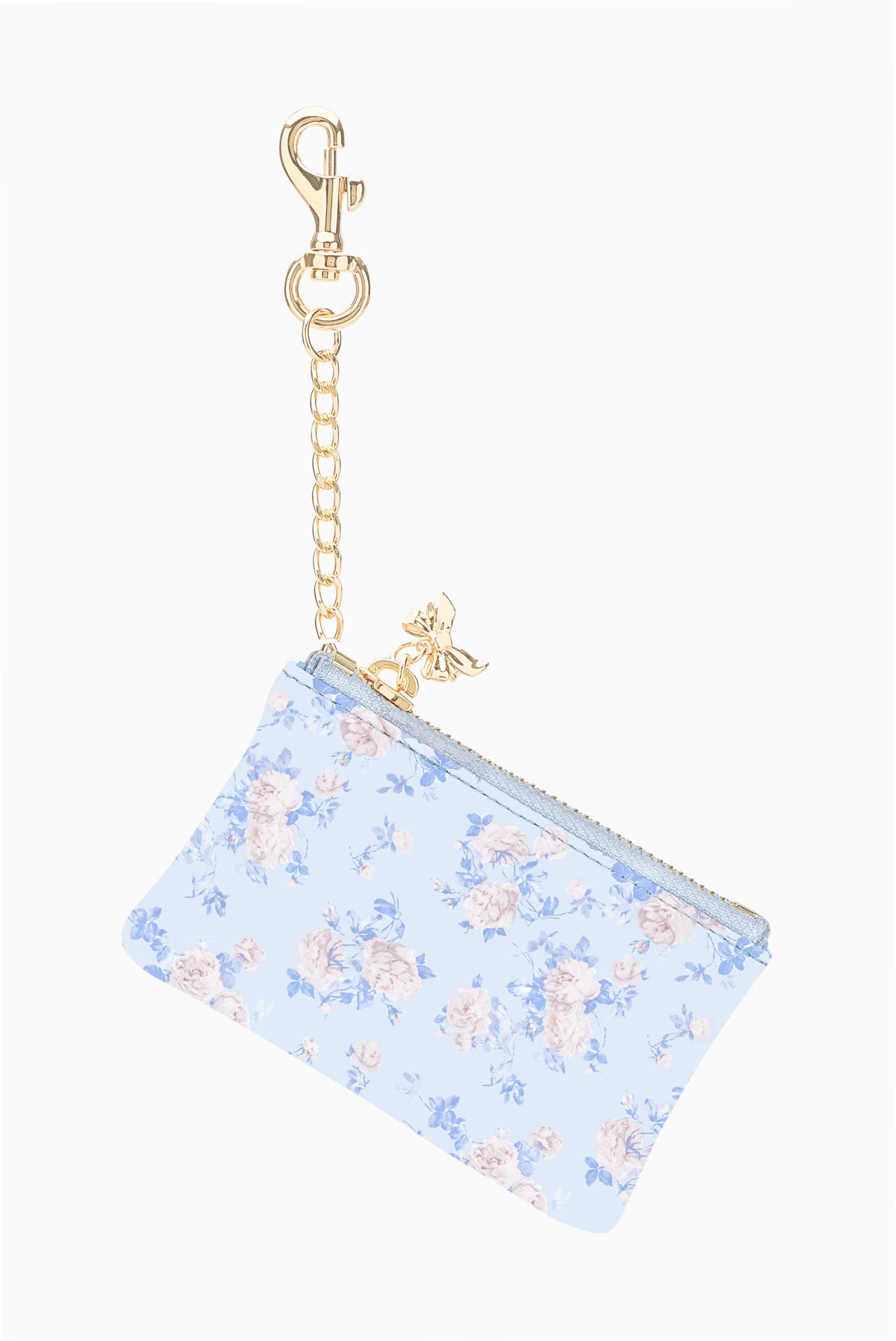 Light blue floral keychain wallet with gold lobster clasp and long chain, zippered pouch