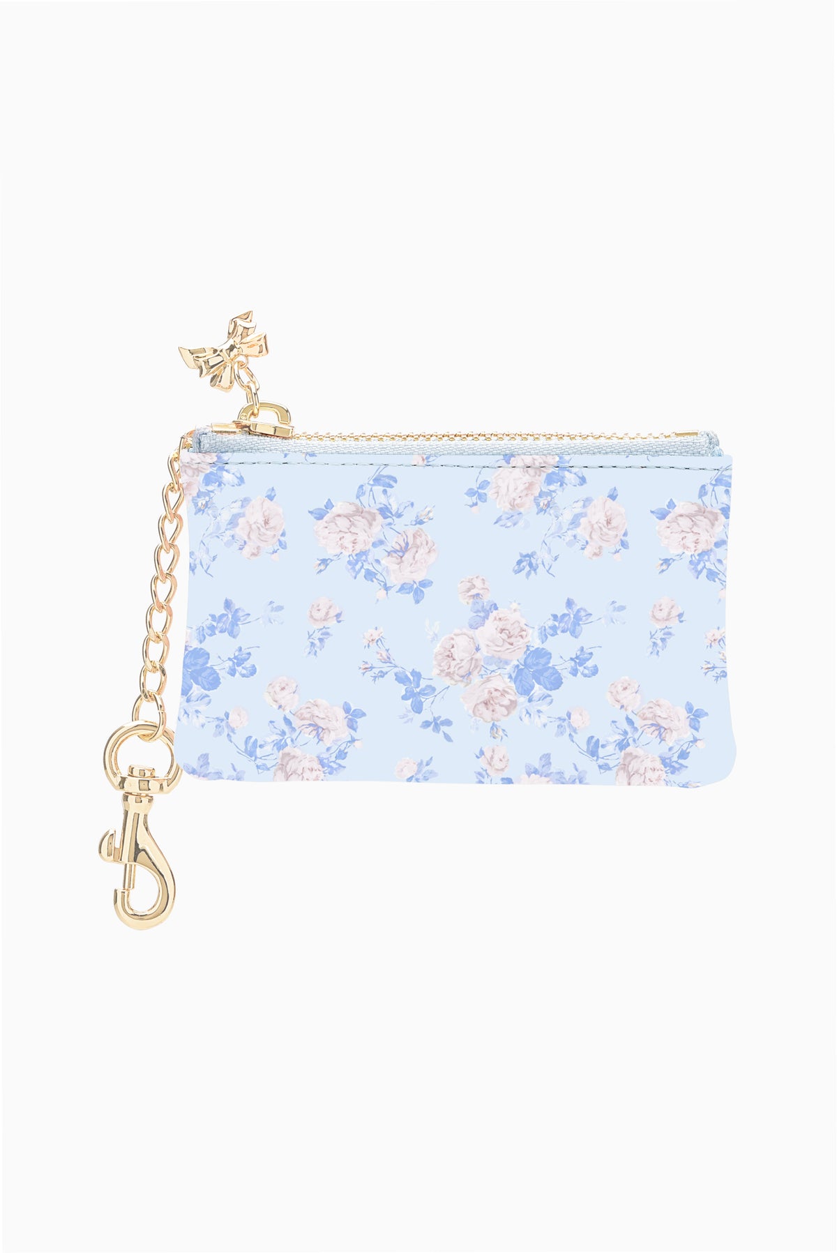 Floral keychain wallet with gold zipper, gold chain and star charm, light blue