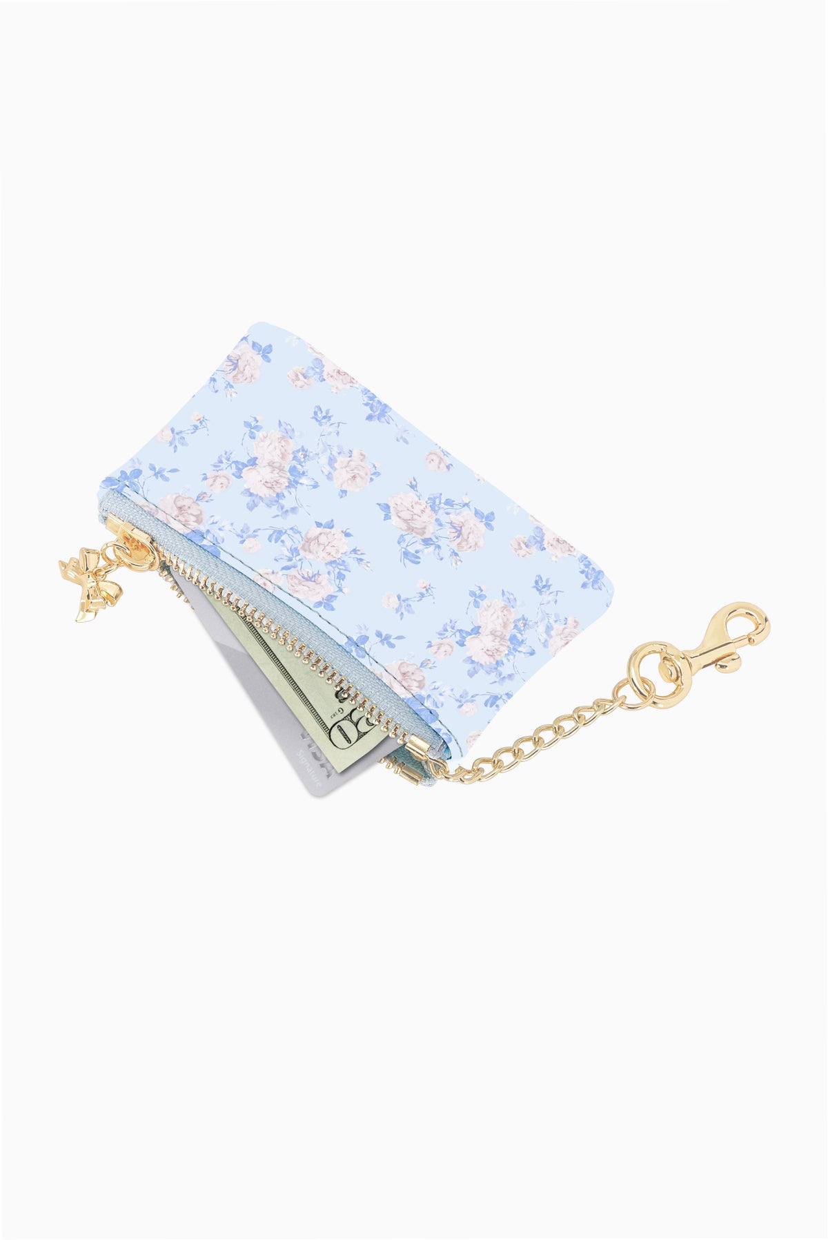Light blue floral keychain wallet, gold chain strap, zippered pouch with gold pull