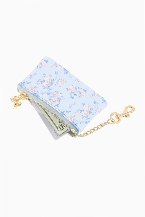 Light blue floral keychain wallet, gold chain strap, zippered pouch with gold pull