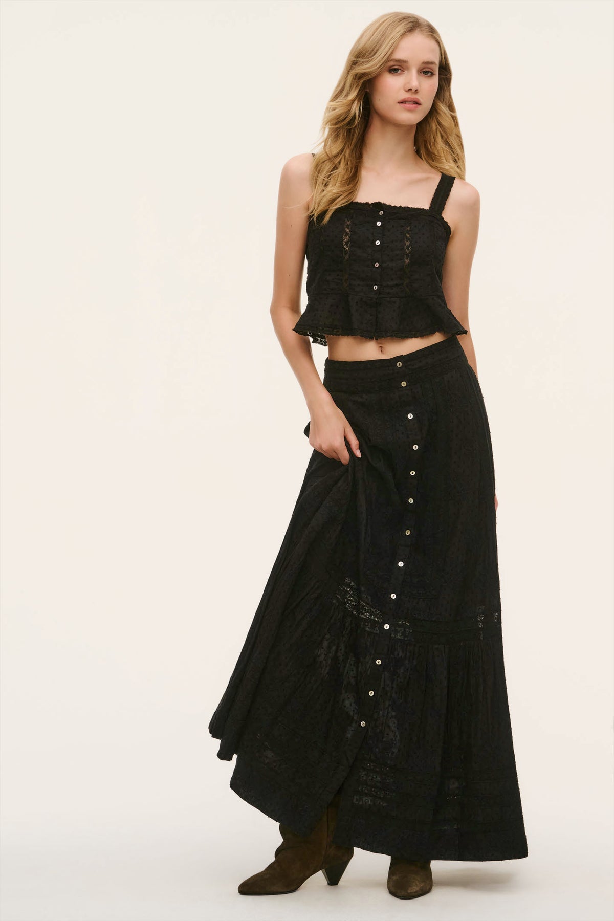 Black cotton maxi skirt with button front and side slit
