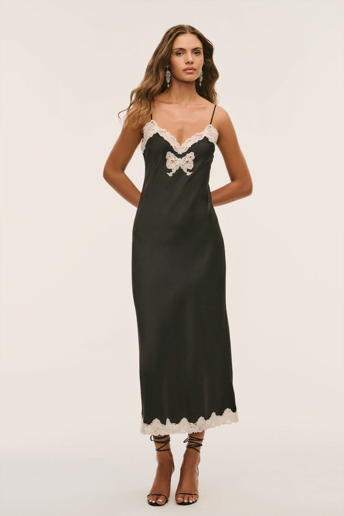 Charcoal lace-bow maxi dress with lace-trim straps and scalloped hem