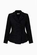 Black tweed peplum jacket flat lay with notched lapel and long sleeves