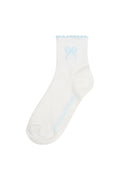 Doyenne cotton bow ankle socks, white with blue bow logo and blue ribbed cuff
