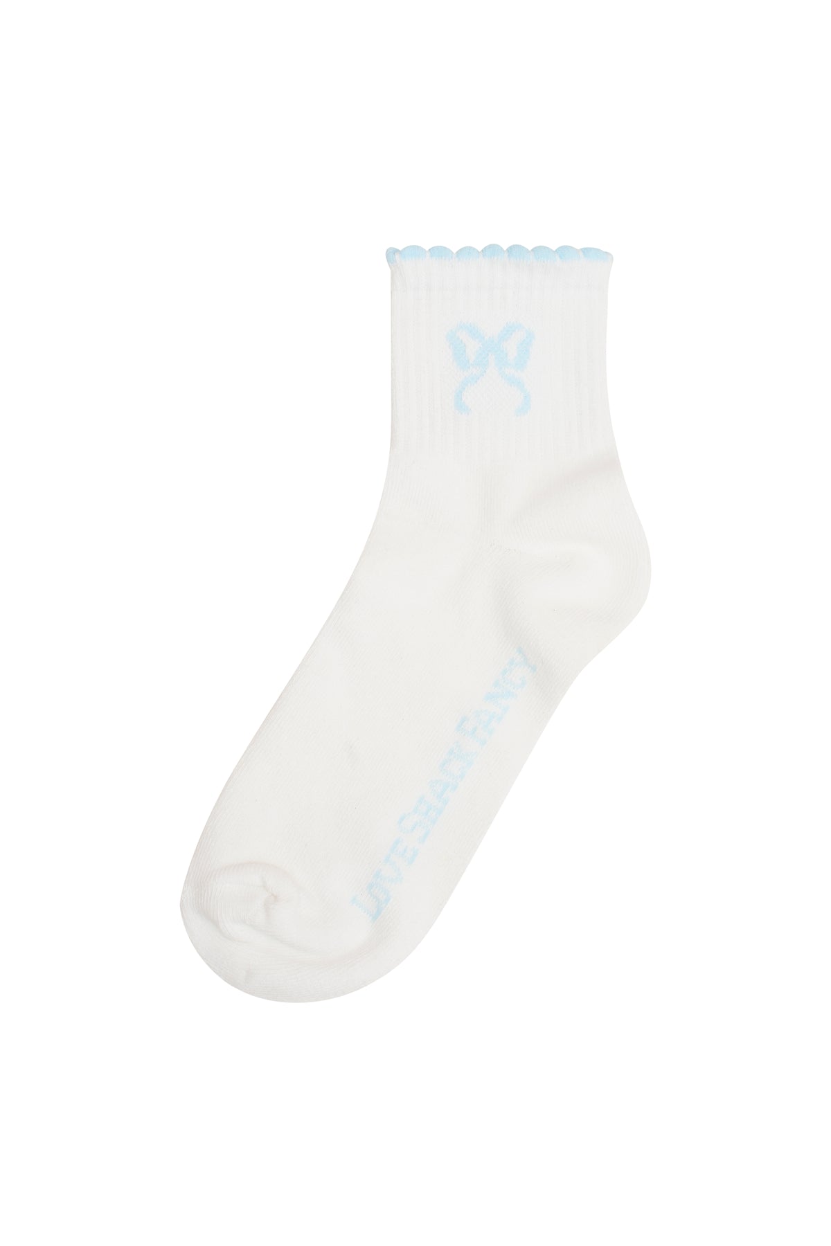 Doyenne cotton bow ankle socks, white with blue bow logo and blue ribbed cuff