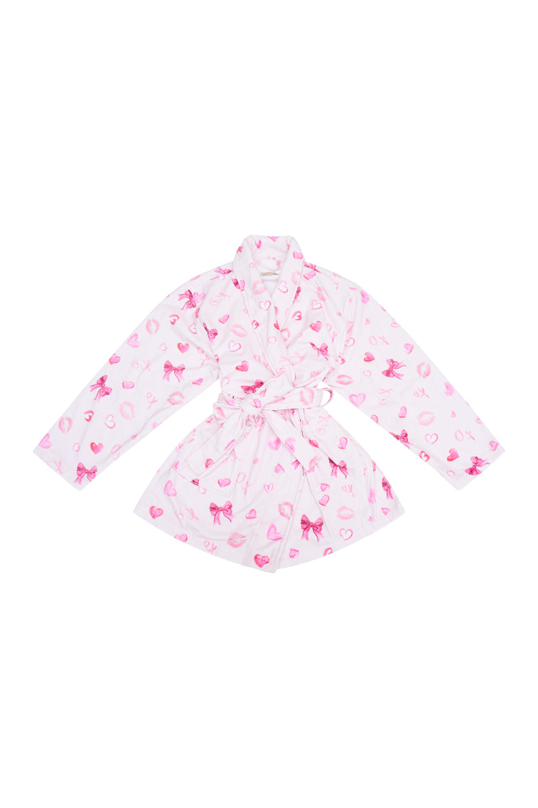 Light pink heart-pattern cotton bath robe, belted waist, long sleeves