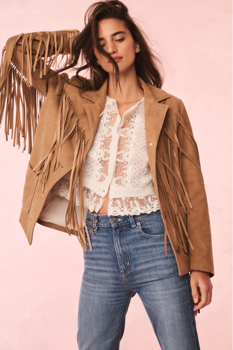 Camel suede fringe jacket on model, open front with shoulder fringe and pockets