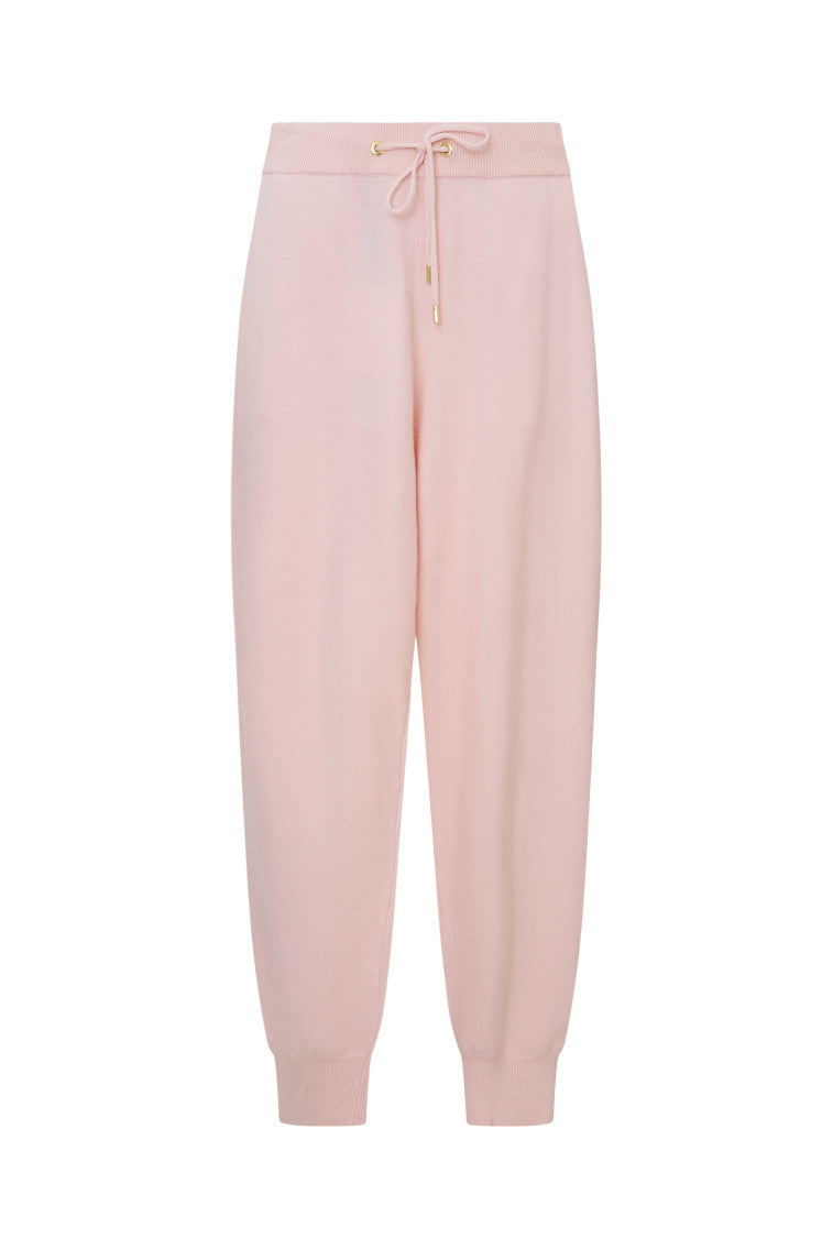 Light blush wool-cashmere joggers with drawstring waist and cuffed hems
