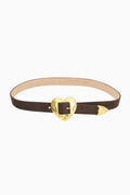 Dark brown belt with gold heart buckle and square center clasp