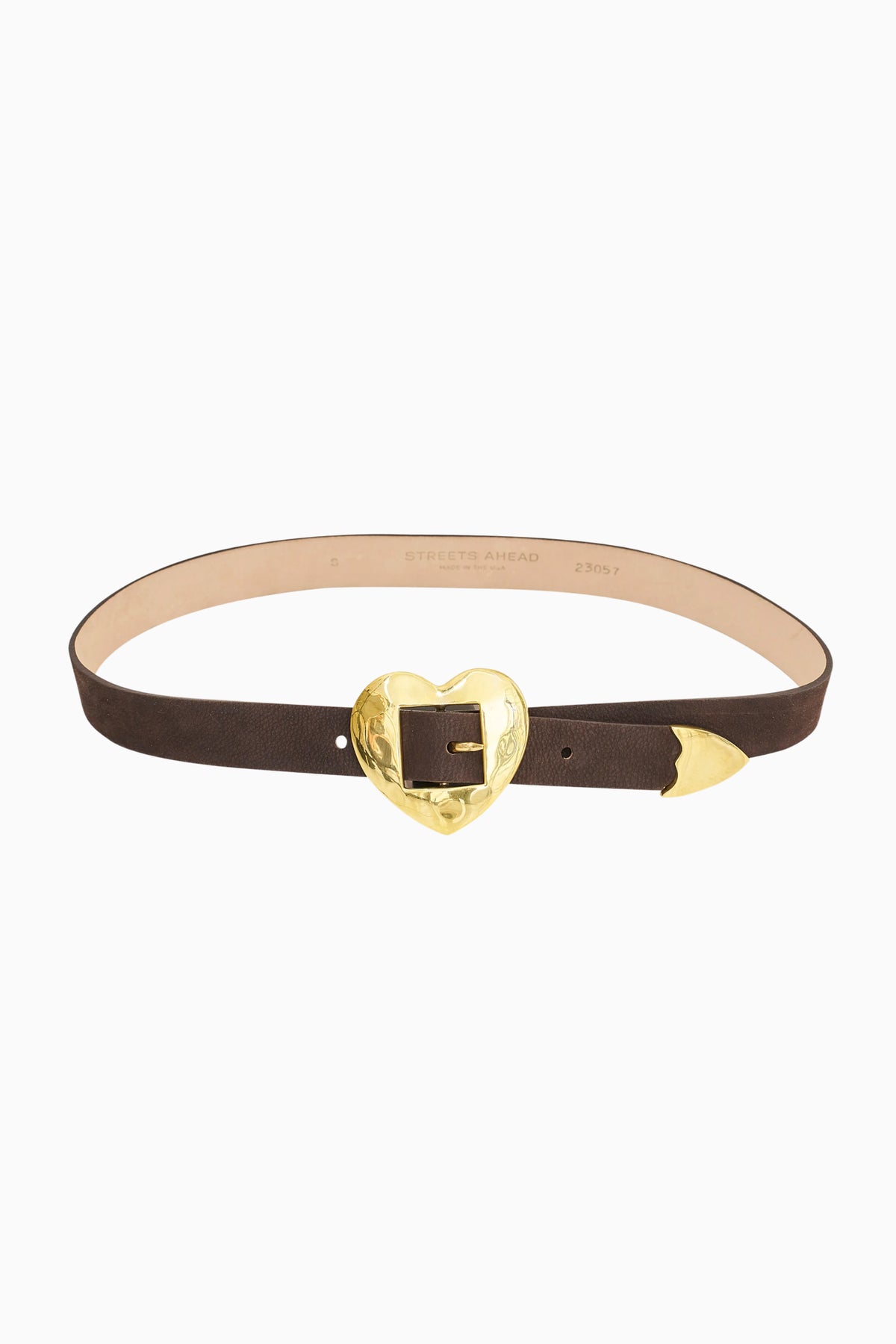 Dark brown belt with gold heart buckle and square center clasp