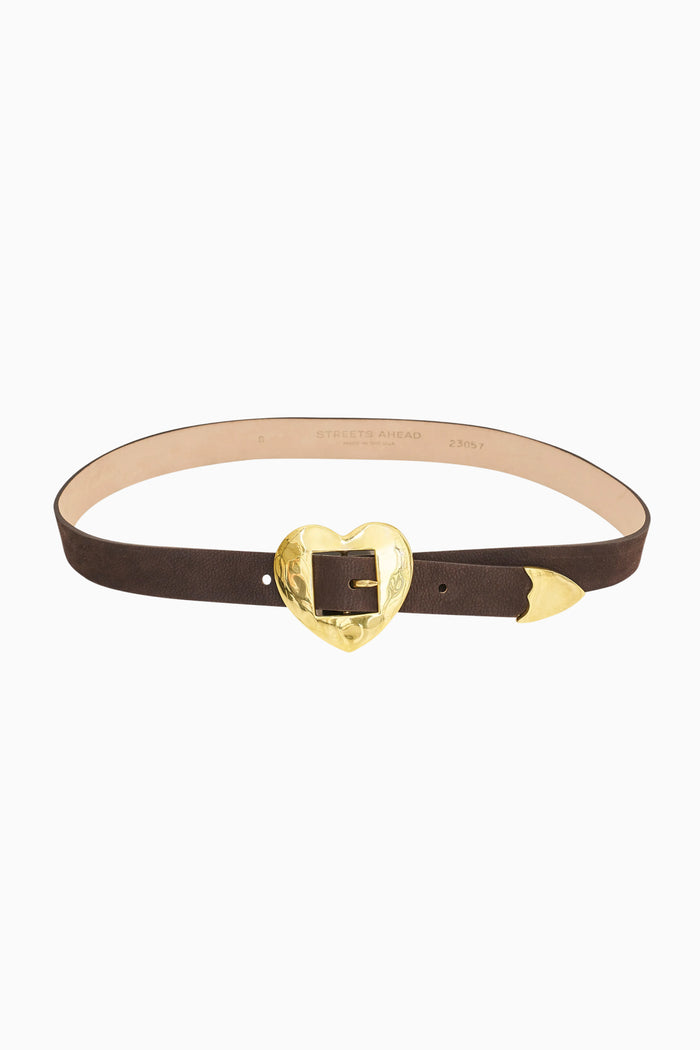 Dark brown belt with gold heart buckle and square center clasp