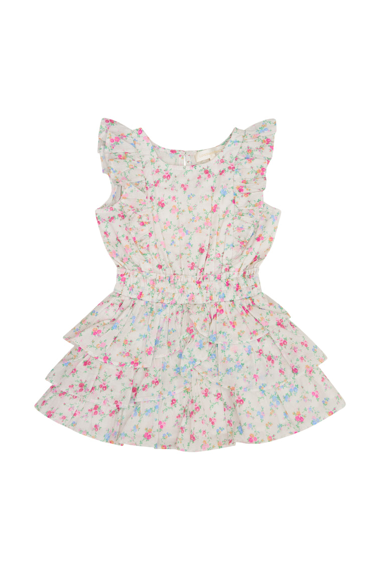 Girls cotton floral dress flat lay, sleeveless tiered ruffle hem, confetti bloom print