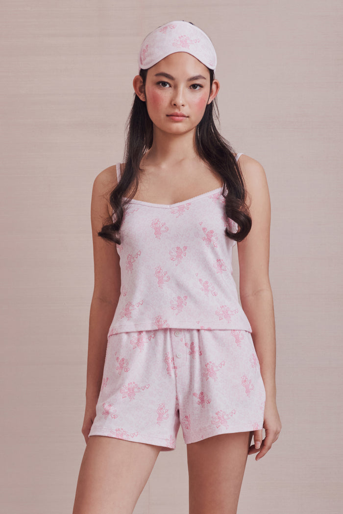 Pink heart-print cami and boxer pajama set with sleep cap, front view