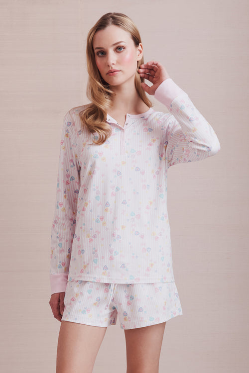 Women's pajama top with pastel heart print and long sleeves