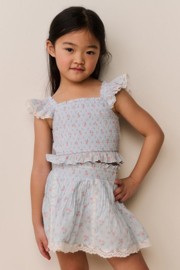 Little girls floral cotton top with cap sleeves and ruffled hem