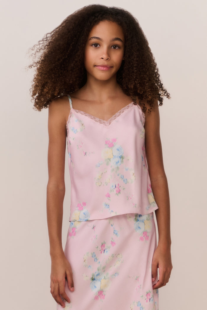 Girls satin floral camisole top close-up: rosy pink, lace-trim neckline, spaghetti straps