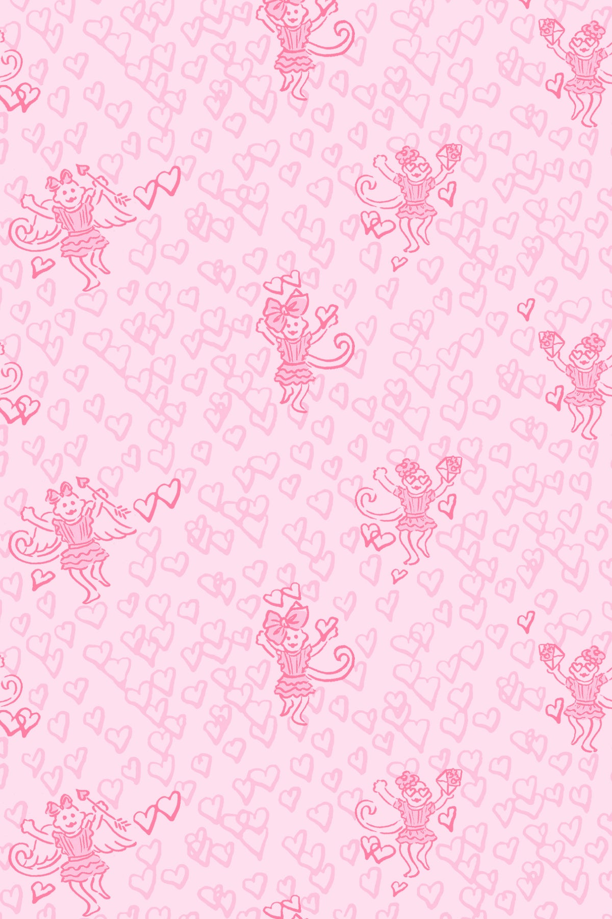 Pink heart and roller skater print fabric swatch, all-over pattern
