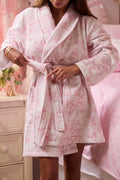 Pink floral cotton bathrobe with shawl collar and tie belt, long sleeves, knee length