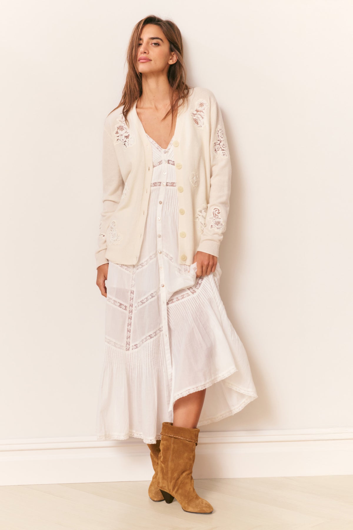 True white midi cotton dress with long sleeves, V-neck, and embroidered patchwork panels
