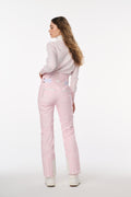 Light pink ski pants from the side, with belt loops and back yoke seams